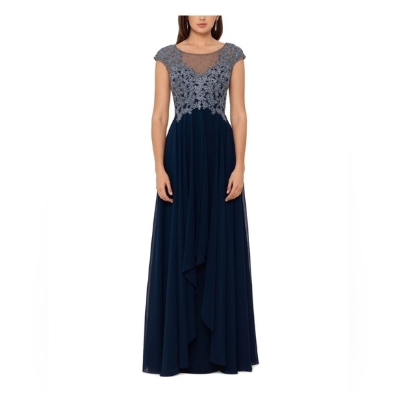 XSCAPE Navy Lace Zippered Illusion Chiffon Gown Cap Sleeve Round Neck 8 - Picture 1 of 6